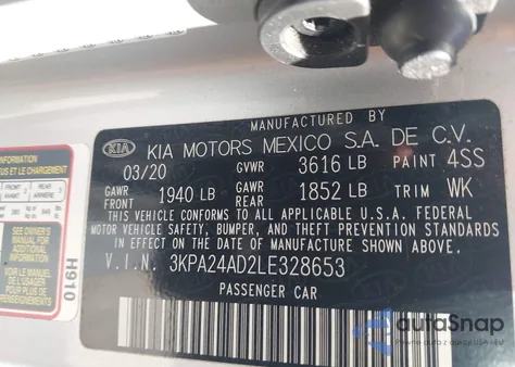 2020 Kia Rio Lx from USA, damaged, VIN 3KPA24AD2LE328653